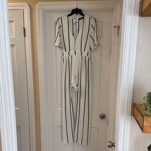 Vertical Stripe V-Neck Women’s Jumpsuit in White and Black